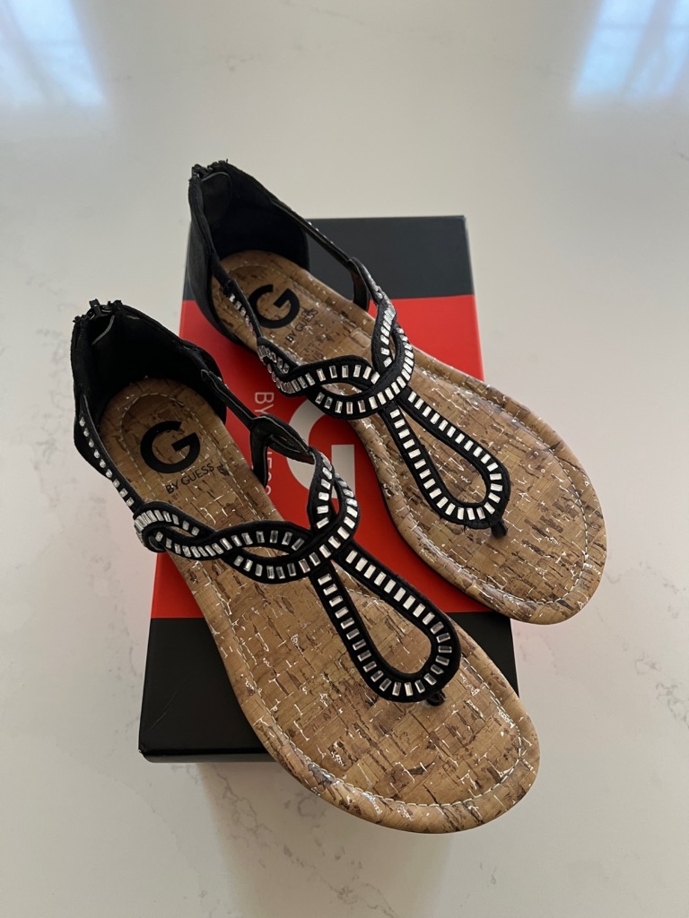G by Guess Black T-Strap Embellished Cork-Look Sandals